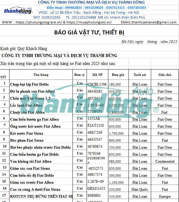 BẢNG GIÁ PHỤ TÙNG FIAT NĂM 2023