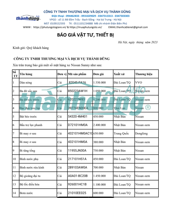 MUA PHỤ TÙNG NISSAN SUNNY