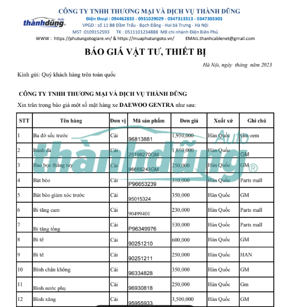 MUA PHỤ TÙNG DAEWOO GENTRA