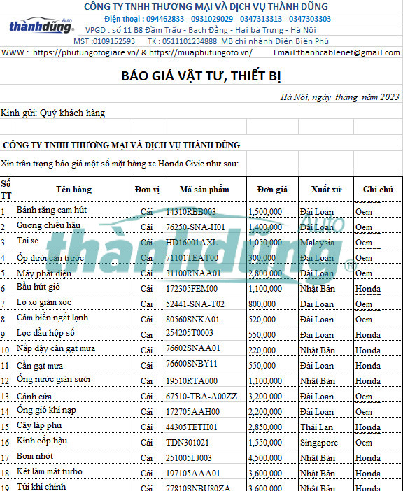 MUA PHỤ TÙNG HONDA CIVIC