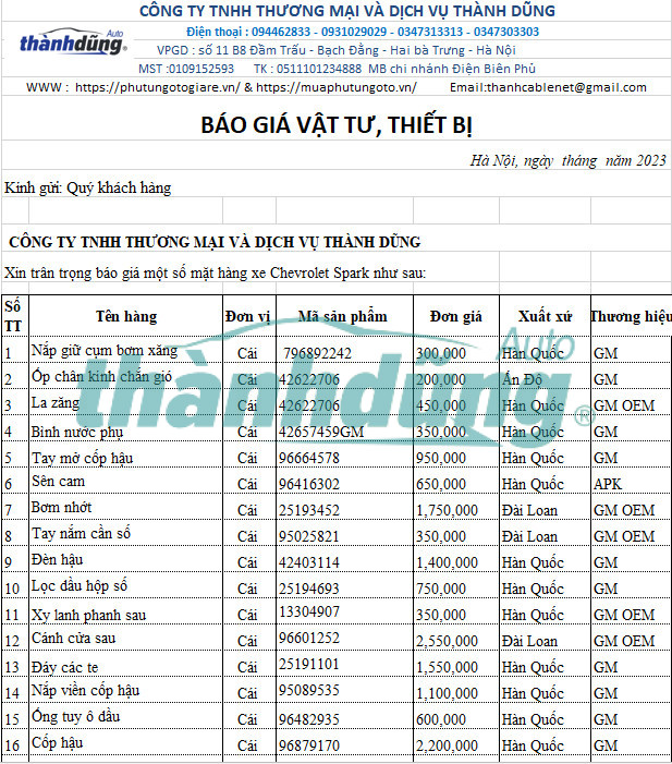 MUA PHỤ TÙNG CHEVROLET SPARK