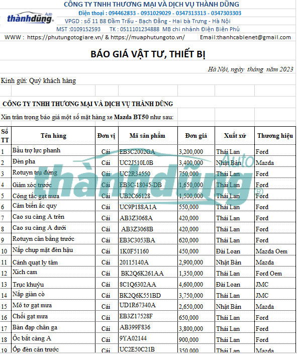 MUA PHỤ TÙNG MAZDA BT50