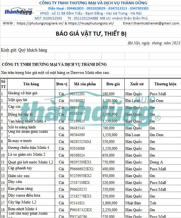 MUA PHỤ TÙNG DAEWOO MATIZ