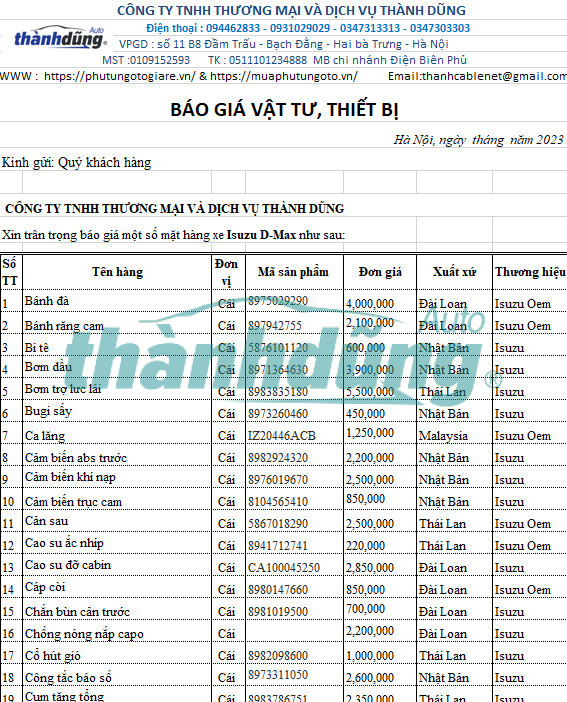 MUA PHỤ TÙNG ISUZU DMAX