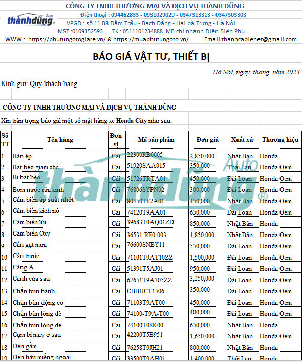MUA PHỤ TÙNG HONDA CITY