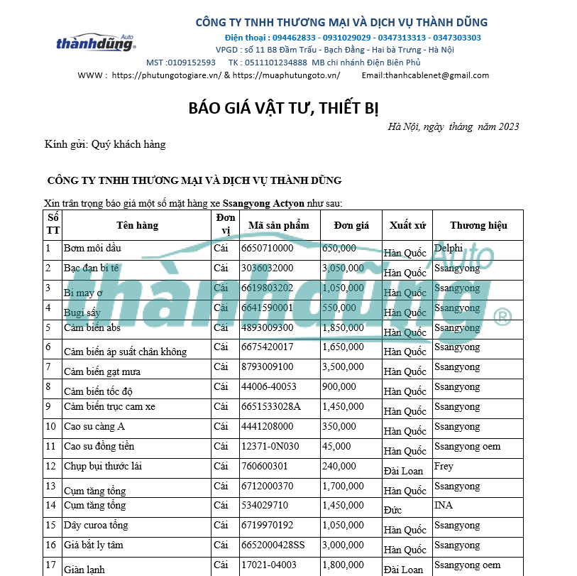 MUA PHỤ TÙNG SSANGYONG ACTYON