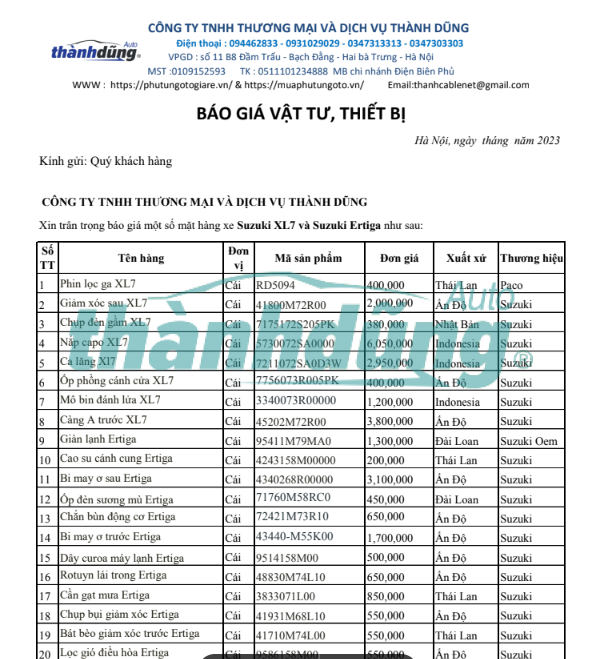 MUA PHỤ TÙNG SUZUKI ERTIGA, XL7