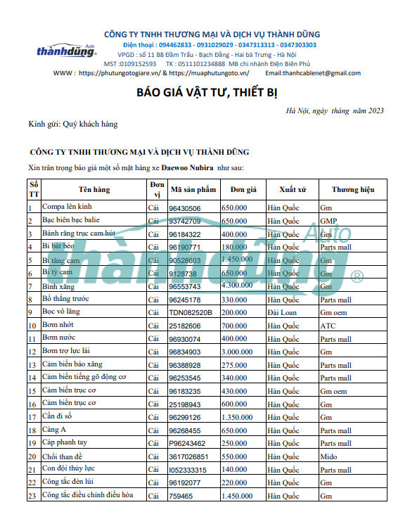MUA PHỤ TÙNG DAEWOO NUBIRA