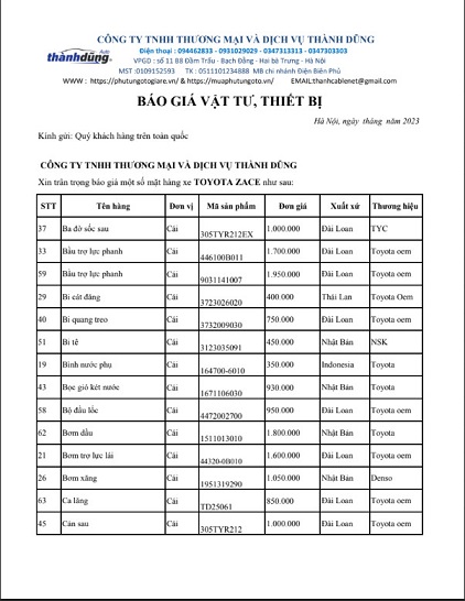 bảng báo giá phụ tùng ô tô Toyota Zace