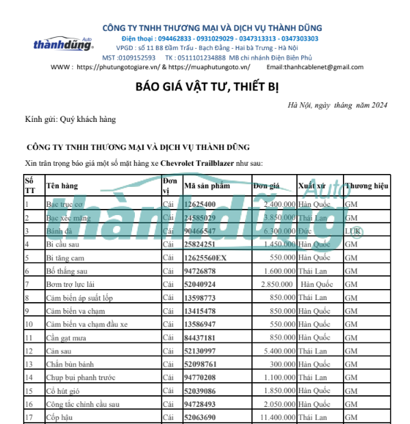 MUA PHỤ TÙNG CHEVROLET TRAILBLAZER