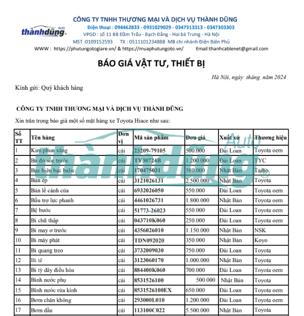 MUA PHỤ TÙNG TOYOTA HIACE