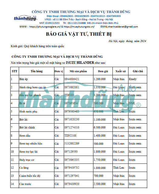 MUA PHỤ TÙNG ISUZU HILANDER