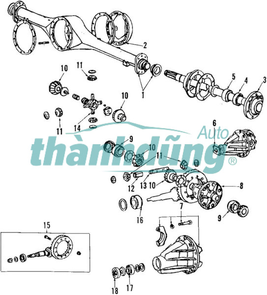 sơ đồ bánh răng cầu sau, bô vi sai cầu sau, vành chậu quả dứa, cùi dĩa, cùi thơm
